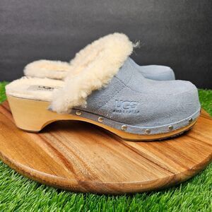 UGG Suede Kalie Clogs Sheepskin Slip On Shoes Slippers Blue Women’s Size 7